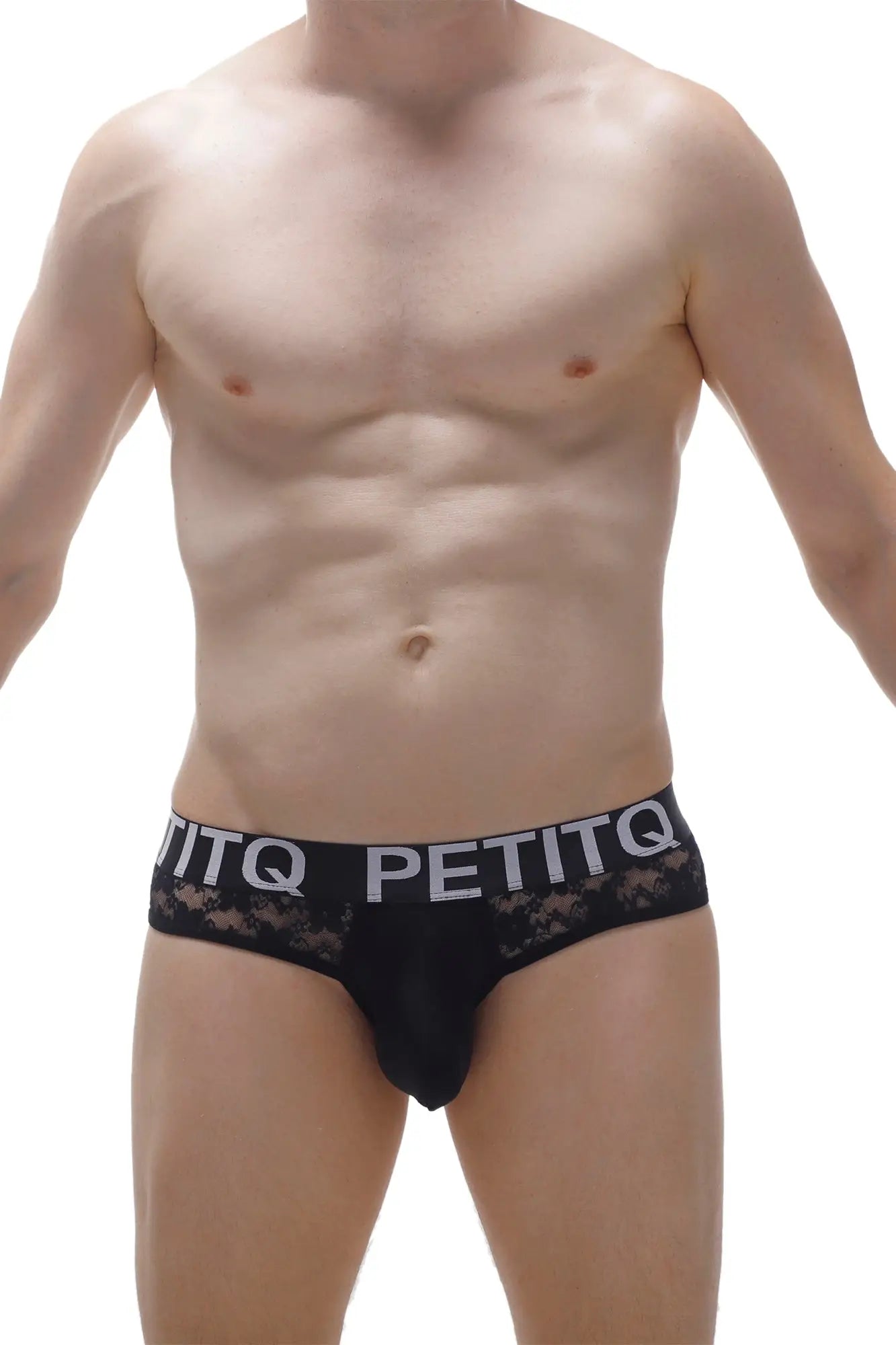 Black lace-trimmed men’s briefs in black with petitq branded waistband designed for comfortable everyday wear