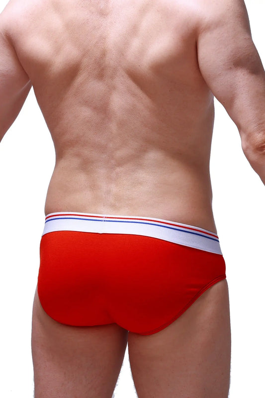 Brief linay modal red features red briefs with a white waistband accented by thin blue and red stripes