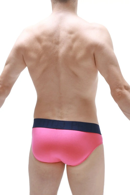 Brief matraux fuchsia bright pink swim trunks with contrasting navy blue waistband for beachwear