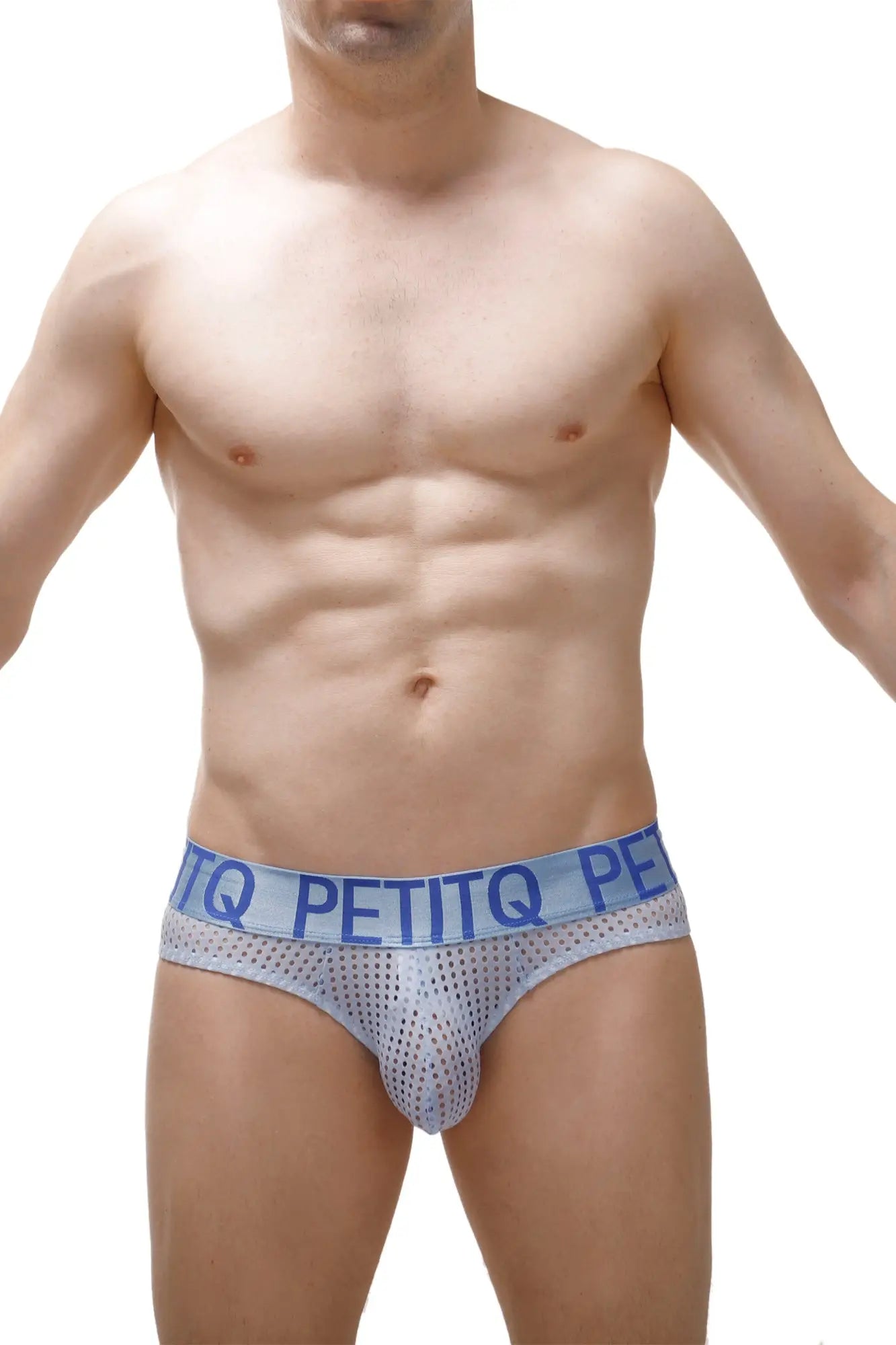 Light blue mesh briefs brief mega bulge durtol sky blue with matching elastic waistband and bold petitq logo
