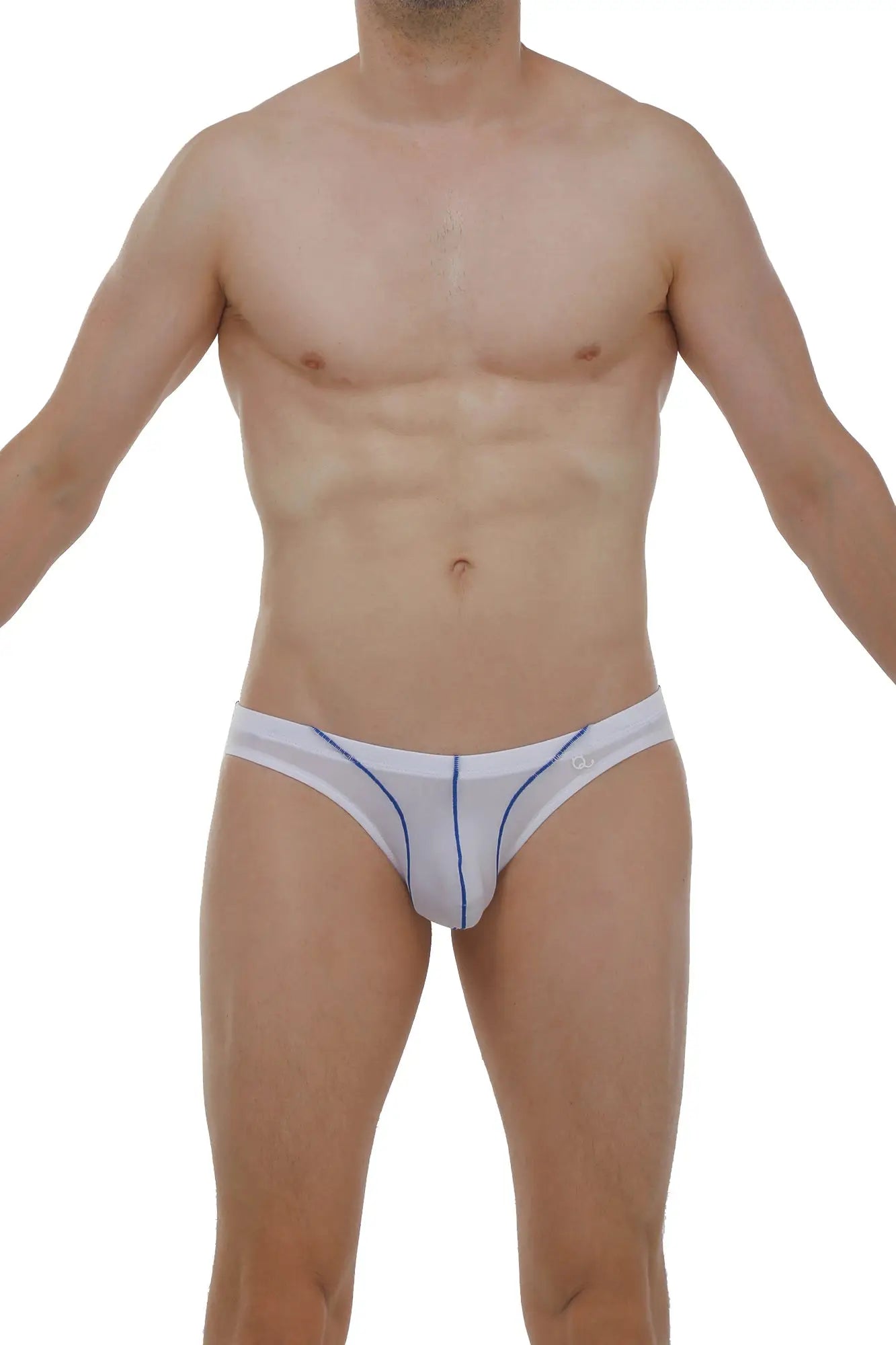 White briefs mison plum with blue trim and small logo on the side made of soft breathable fabric