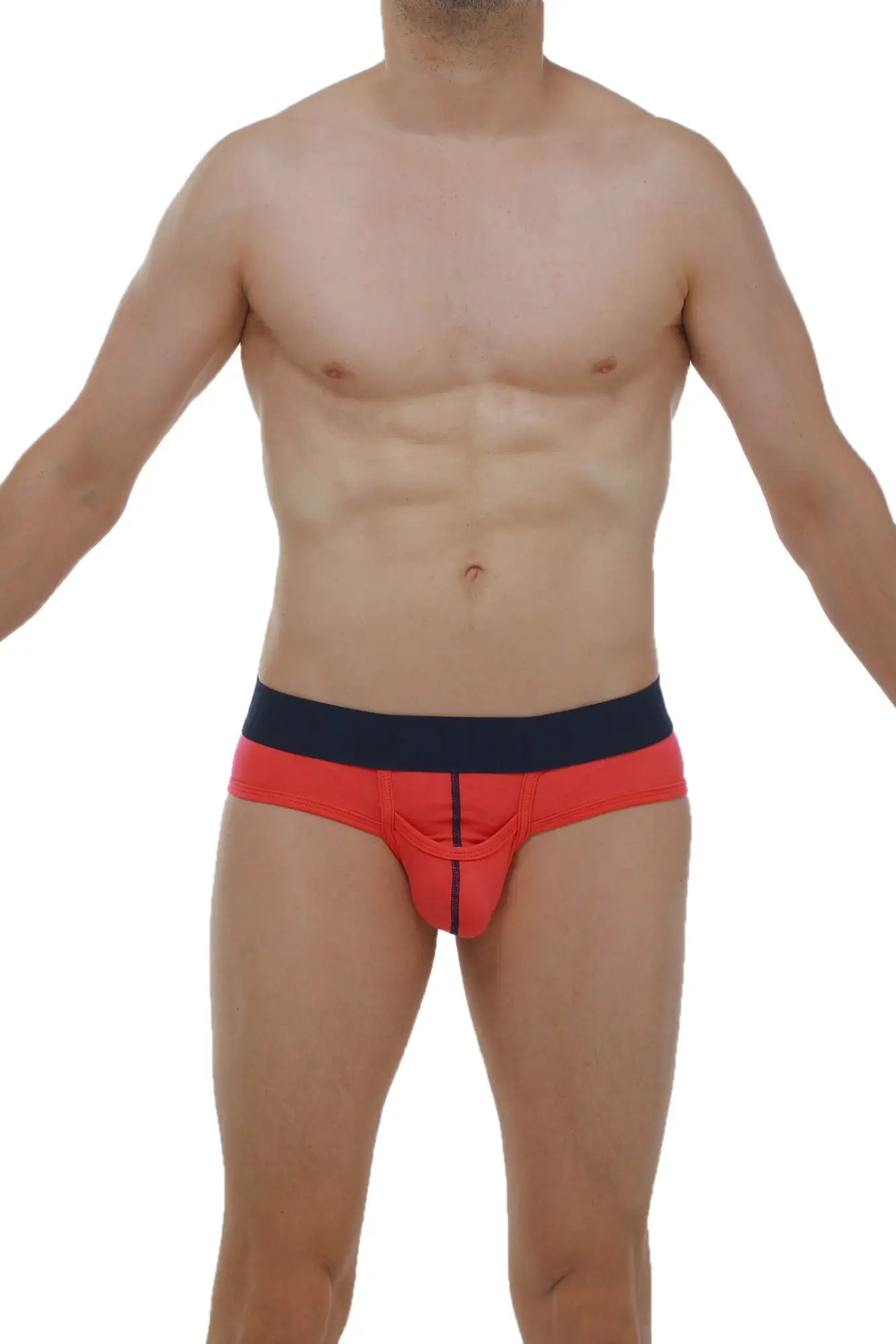 Red and navy blue modal athletic briefs with central seam detail from Brief Paliz modal fuchsia collection