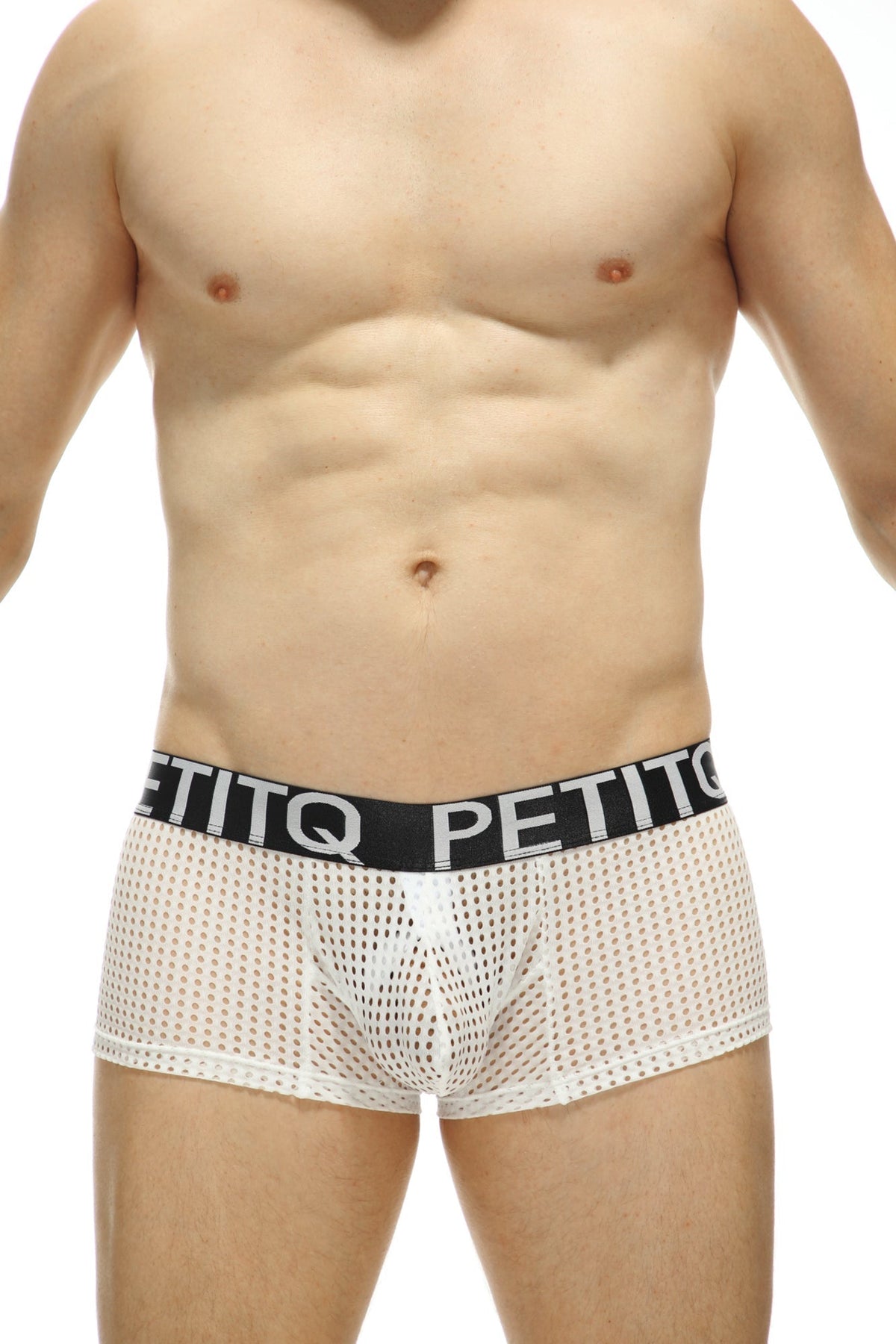 White mesh boxer briefs featuring a wide black waistband with white brand lettering.