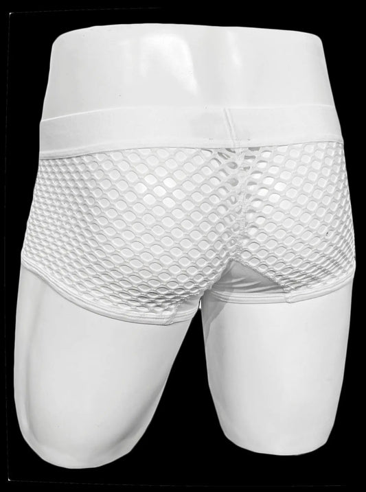 White button fly fishnet trunk briefs featuring white mesh fabric and a smooth elastic waistband