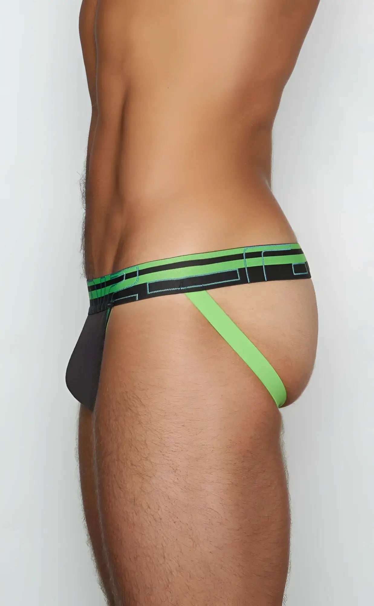 Black and neon green geometric patterned athletic briefs c-in2 jockstrap 3226-080 front view