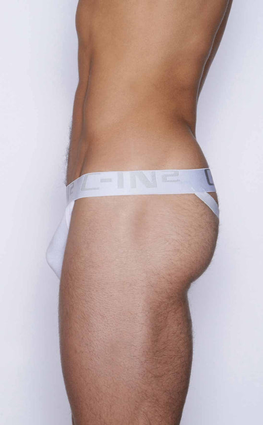 White minimalist athletic y-back thong briefs with sleek elastic waistband featuring the c-line logo by C-IN2