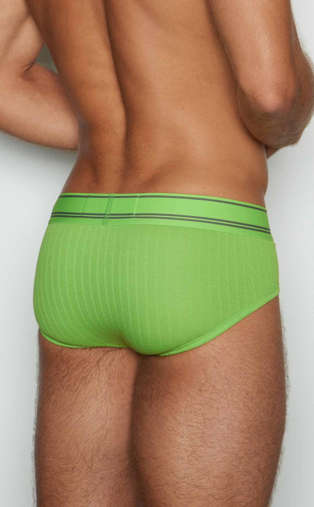 Bright lime green ribbed briefs with matching elastic waistband featuring two thin black stripes by C-IN2 brief 6760-342