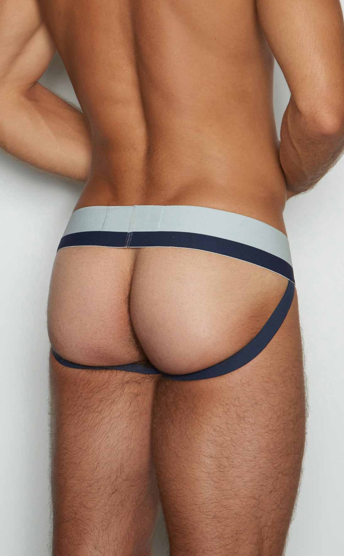 Navy blue and light gray athletic briefs with wide waistband and thin side straps from C-IN2 jockstrap 8025-412