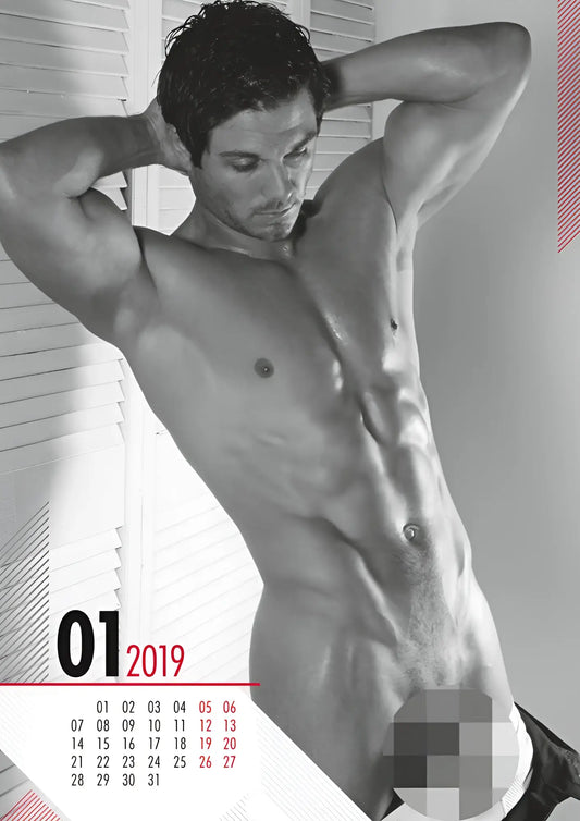 Black-and-white 2019 pin up calendar page featuring a muscular man pose with date 01 and monthly grid size one size