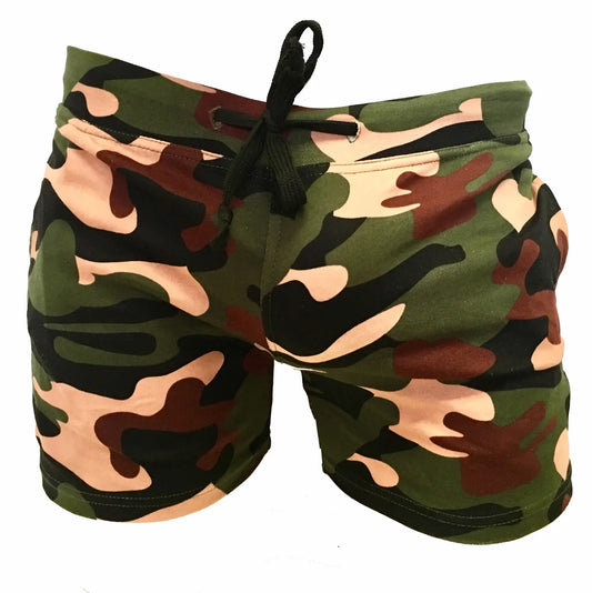 Camouflage shorts with drawstring waistband in green and brown pattern perfect for casual outdoor wear