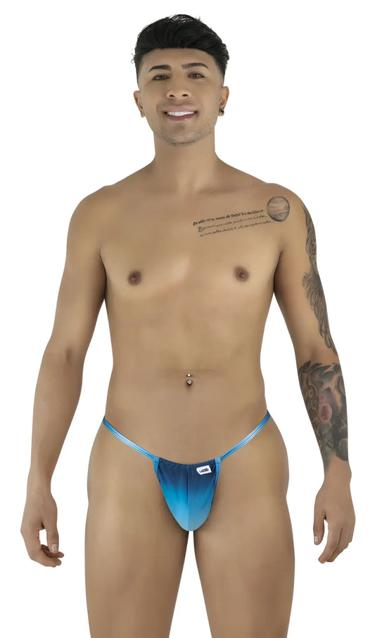 Blue gradient CandyMan 9586 g-string swim trunks with subtle side logo designed for beach and swimwear use
