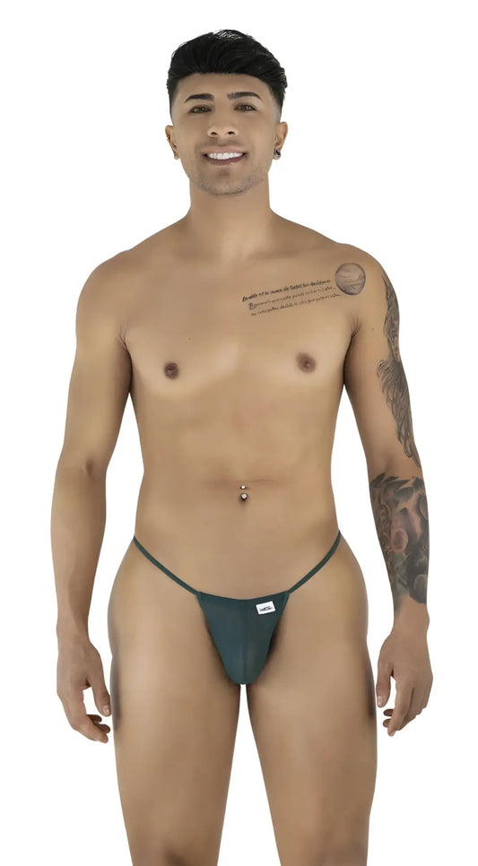 Dark green minimalist CandyMan 9586 G-String thong with bottle green mesh and small white brand tag at the front