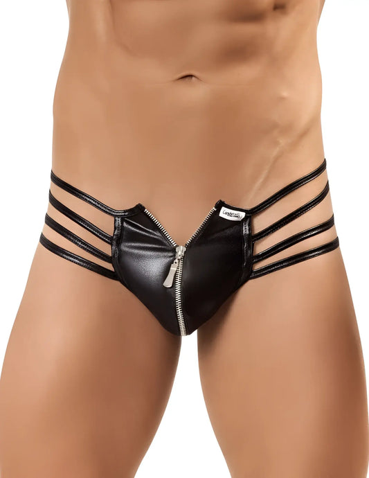 Black faux leather briefs with central zipper and three horizontal straps candyMan 99140 thong color black
