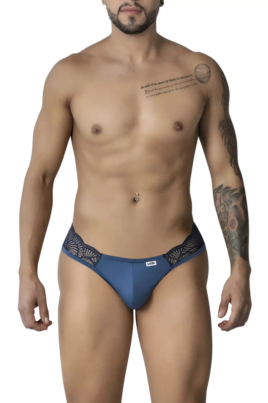 Blue lace-trimmed mens briefs with a branded tag in navy by candyman 99312 lace jockstrap