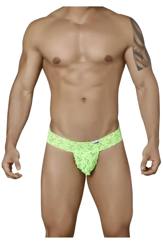 Bright neon green lace thong with intricate floral patterns from Candyman 99315 peek a boo thongs collection