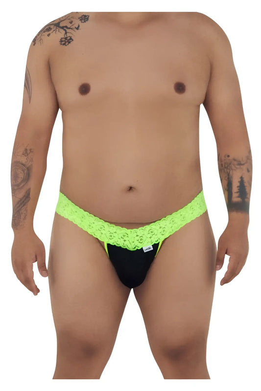 Neon green lace-trimmed black briefs candyMan 99370X thongs in hot green showcasing front view design