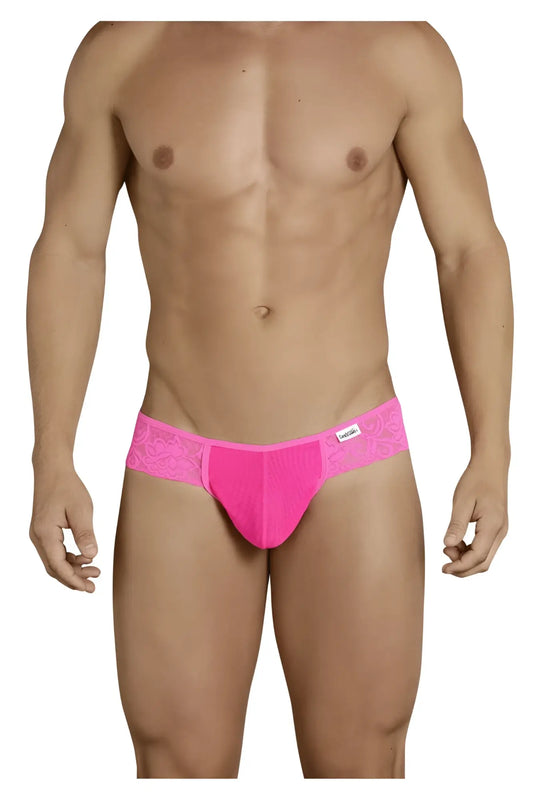 Bright pink candyMan 99392 thongs with lace trim and a smooth form-fitting design in front view