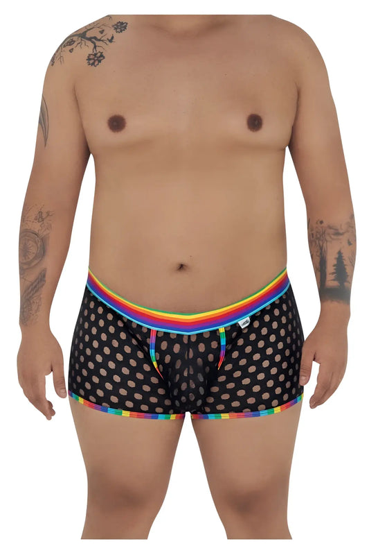 Black mesh boxer briefs with rainbow striped elastic waistband and subtle polka dot pattern by candyman