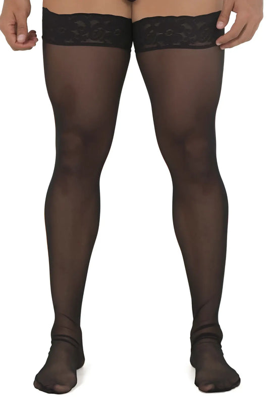 CandyMan 99533 mesh thigh highs in black featuring sheer mesh material and intricate lace trim at the top