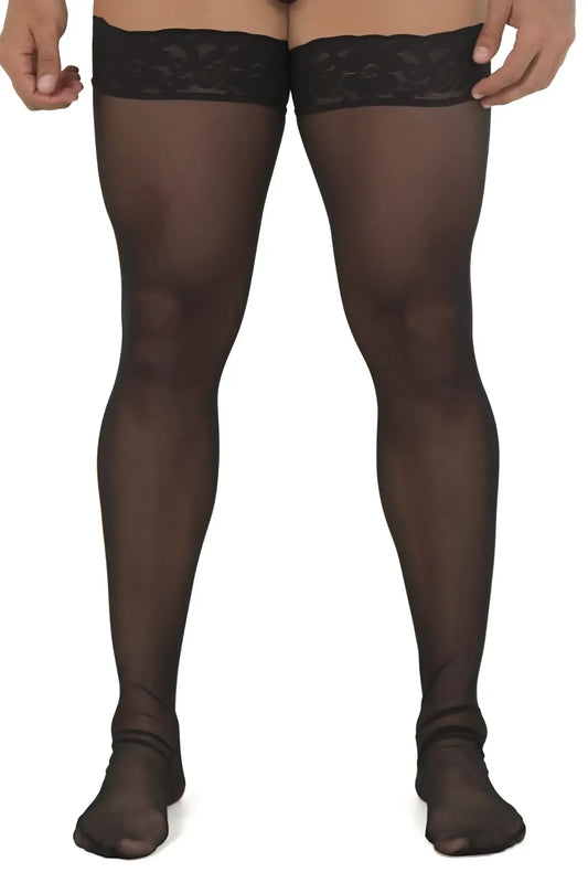CandyMan 99533 mesh thigh highs in black featuring sheer mesh material and intricate lace trim at the top