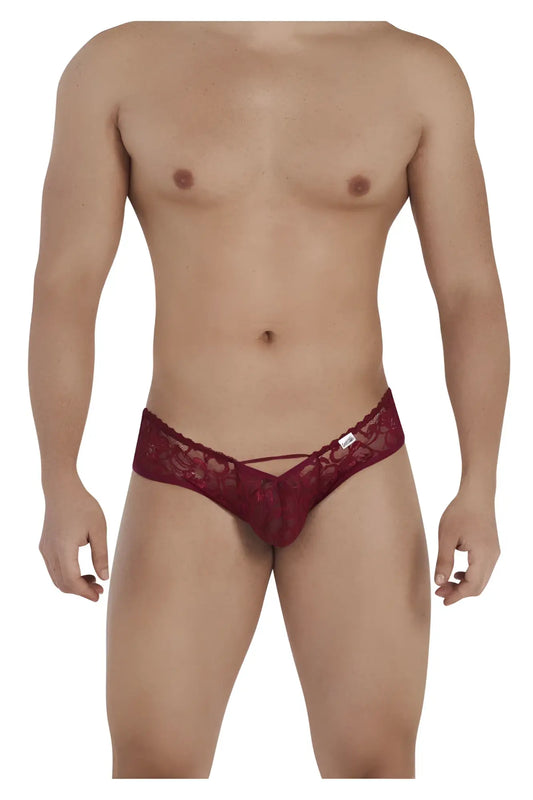 CandyMan 99535 burgundy bow jockstrap with red lace thong back featuring intricate floral sheer fabric design