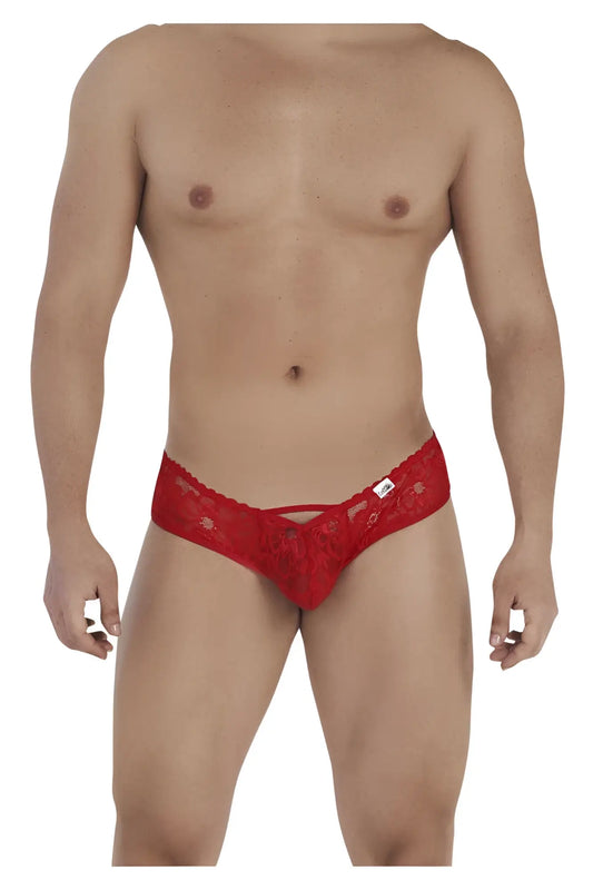 Candyman 99535 red lace thong with delicate floral pattern and small white tag on the waistband