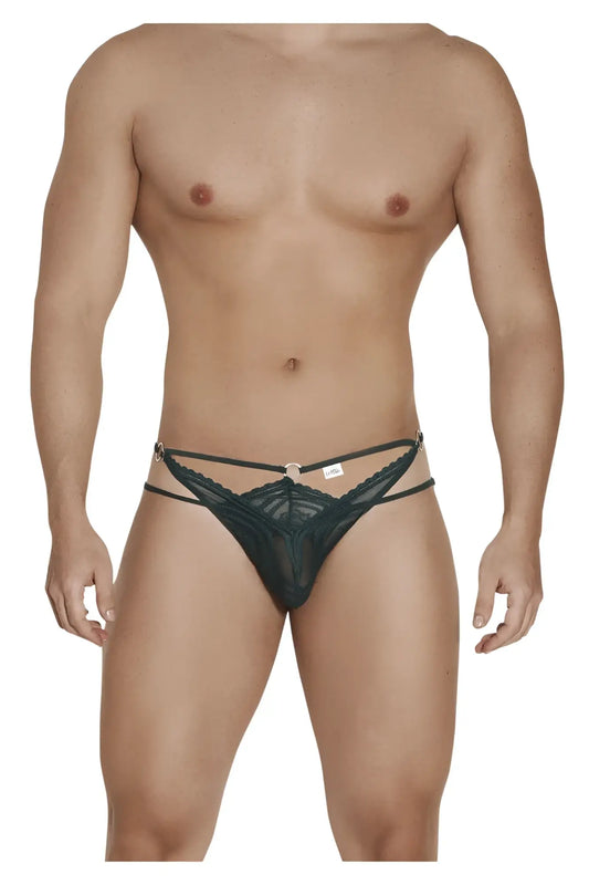 Black lace thong candyMan 99547 color hunter green with central circular clasp and decorative straps in front view