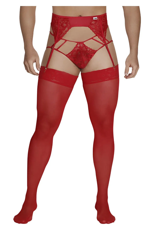 Red lace garter jockstrap outfit with matching sheer stockings by CandyMan in vibrant red lace material