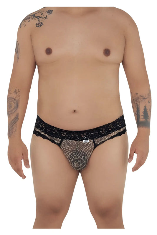 Black lace-trimmed mesh briefs with subtle snake print pattern from Candyman 99596X collection