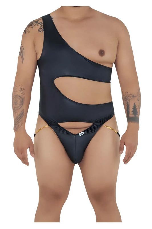 Black candyMan 99597X one shoulder bodysuit with cutout design and gold chain detailing in swimsuit material