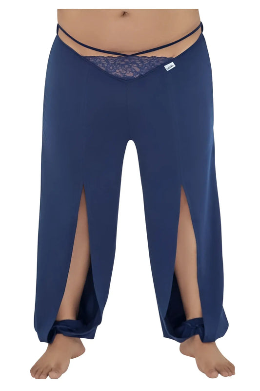 Navy candy man 99603x wide-leg lounge pajama pants with lace trim at waistband and tied cuffs