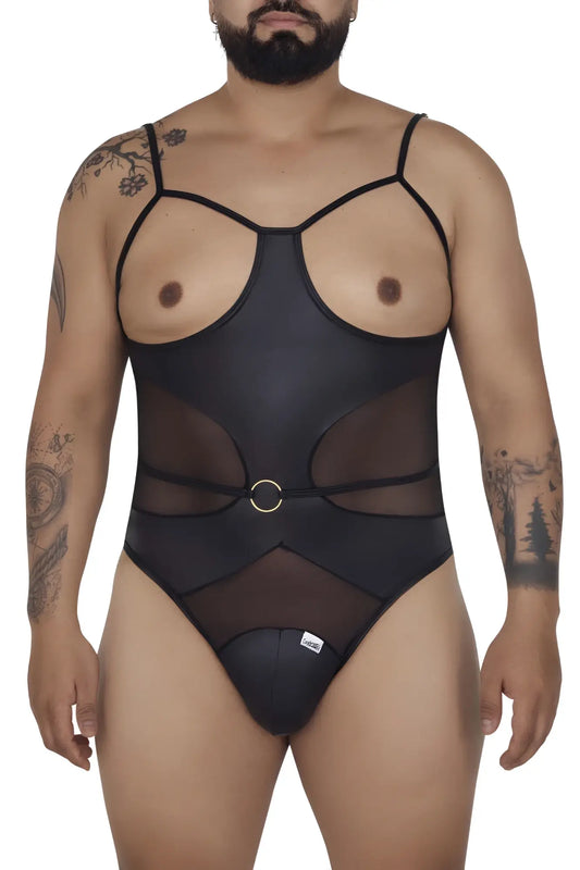 Black sheer candyMan 99670X harness bodysuit with thin straps and gold toned circular buckle at the waist