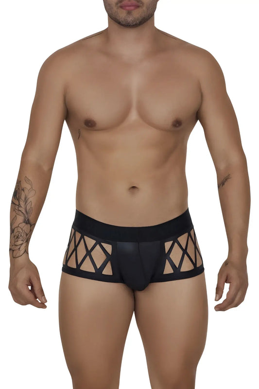 Black lace-trimmed candyMan 99691 cage trunks briefs with geometric cutout pattern in black color