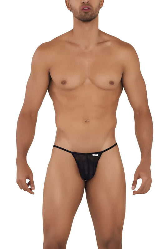 Black CandyMan 99709 micro lace jockstrap thong with mesh fabric and small white logo on front