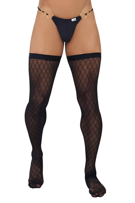 Black fishnet mesh thigh highs from candyman 99735 accented with a gold chain belt