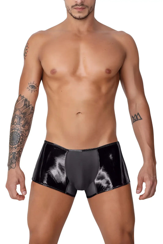 CandyMan 99737 mesh trunks in black patent leather briefs with glossy finish and subtle white abstract pattern