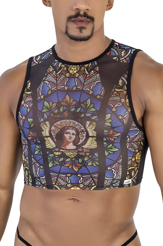 CandyMan 99805 stained glass tank top in black featuring a sheer mesh base with blue gold angelic stained glass design
