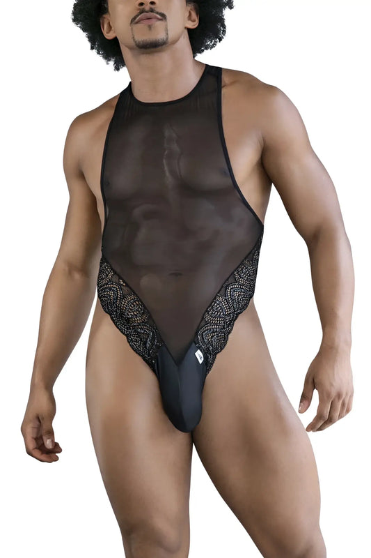 Black sheer mesh CandyMan 99864 lace-mesh bodysuit with lace trim and solid black brief-style bottom