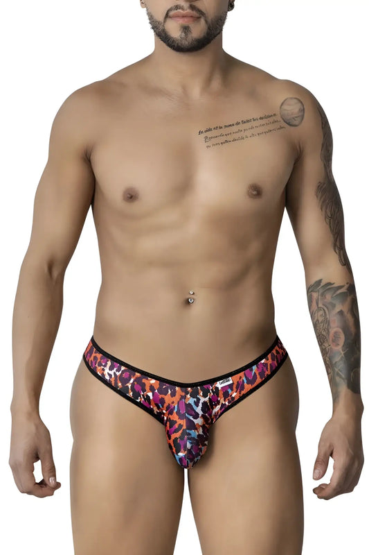 Vibrant candyman 99876 leopard briefs with bold orange purple pink hues and black trim animal print design