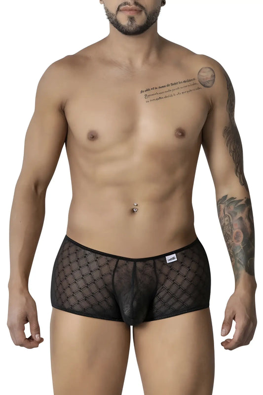 Black sheer mesh CandyMan 99896 geometric mesh trunks with diamond pattern and black elastic waistband