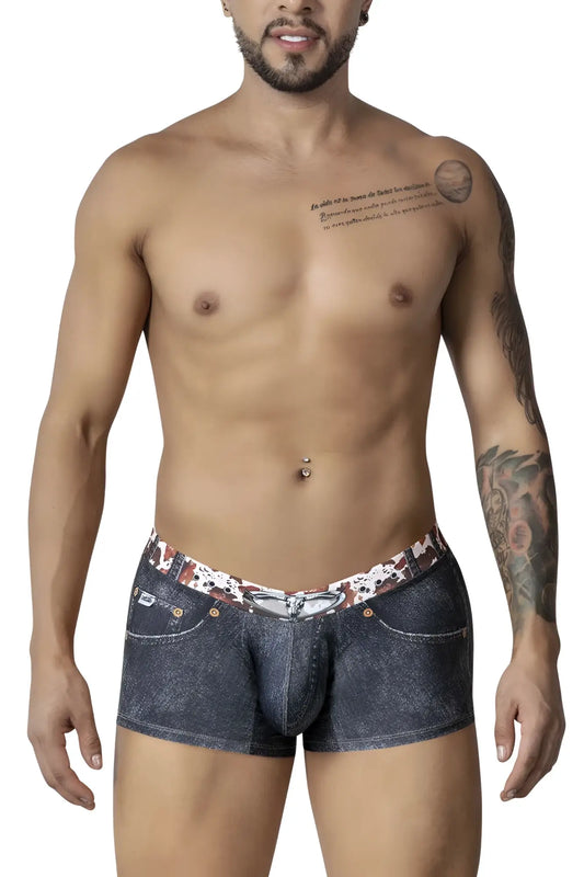Denim-patterned CandyMan 99904 Cowboy trunks men’s boxer briefs with white and brown camouflage waistband