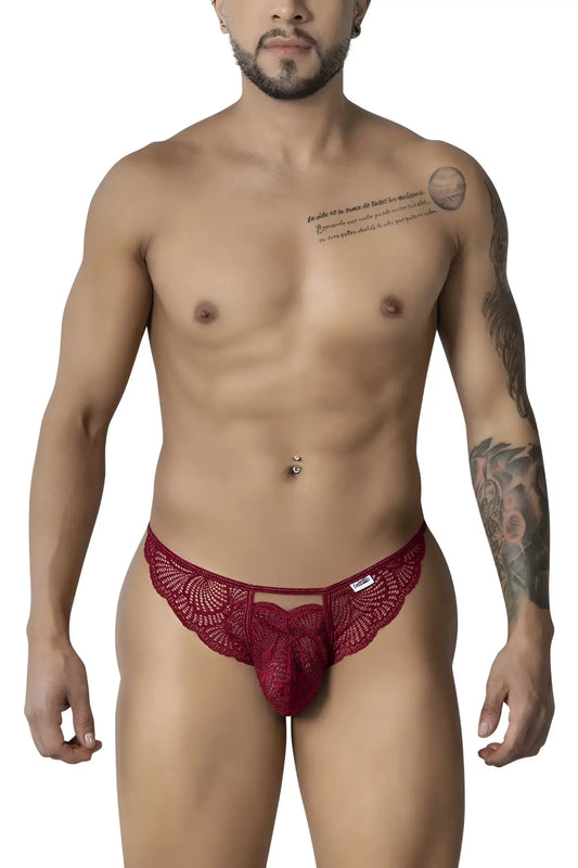 Burgundy CandyMan 99910 lace thong with central bow design made from delicate lace fabric for stylish comfort