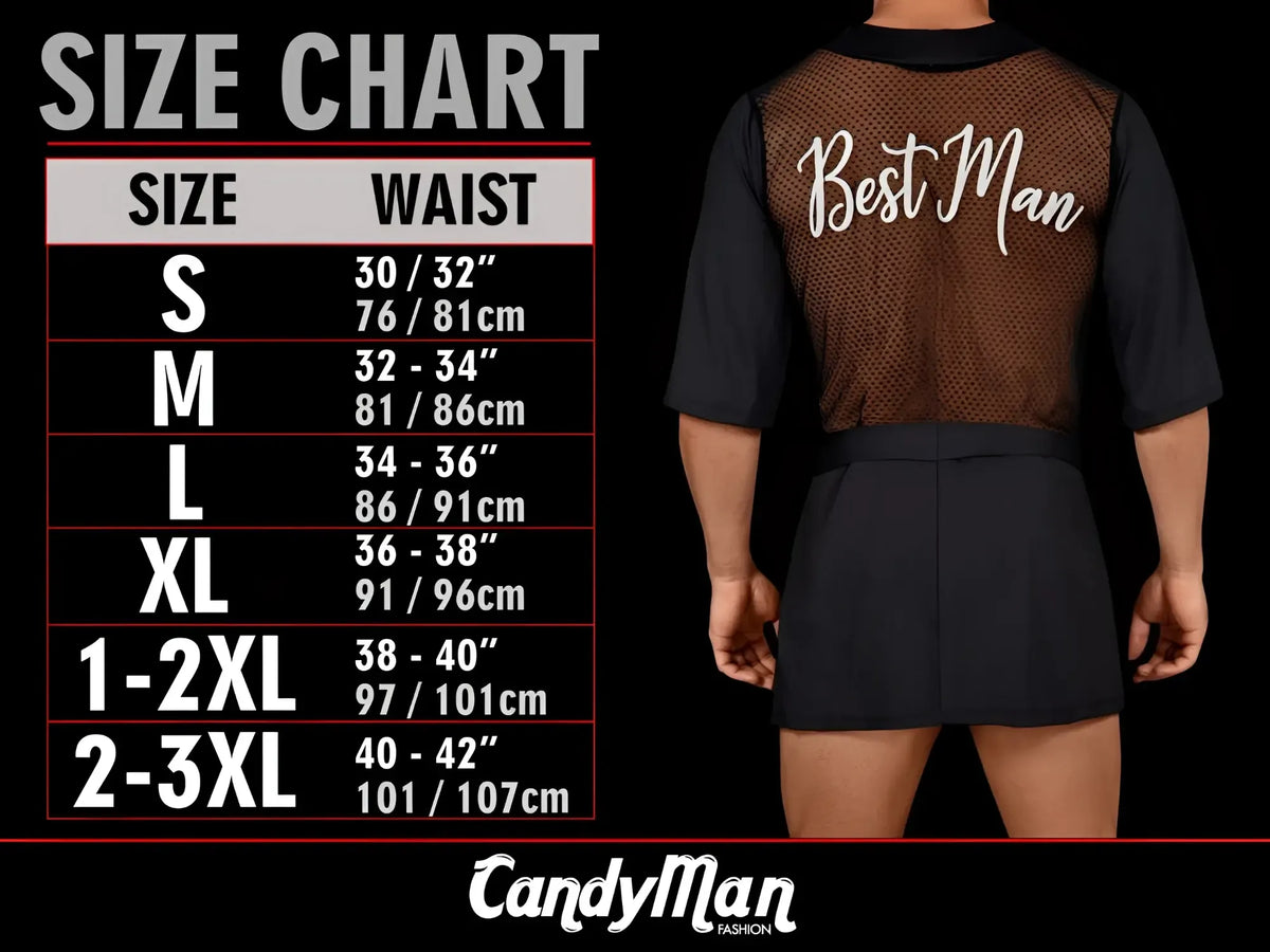 Black mesh vest with best man embroidery worn over matching shirt and shorts paired with candyman 99915 navy lace thongs