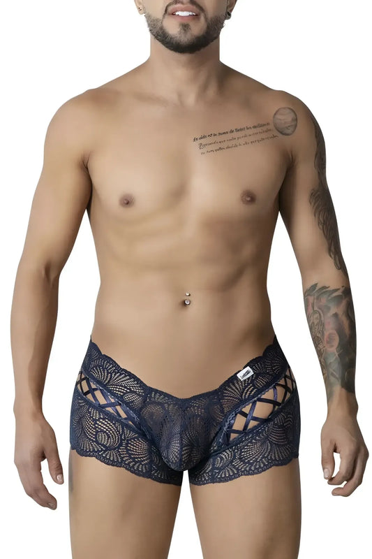 CandyMan 99916 lace trunks in navy featuring dark blue lace with intricate pattern and cutout design