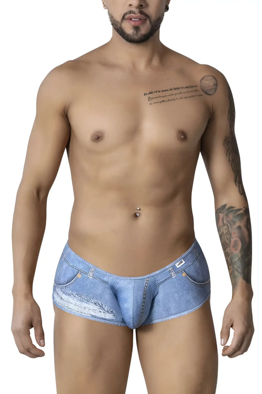 Light blue denim CandyMan 99921 cowboy trunks with distressed ripped design and visible stitching details