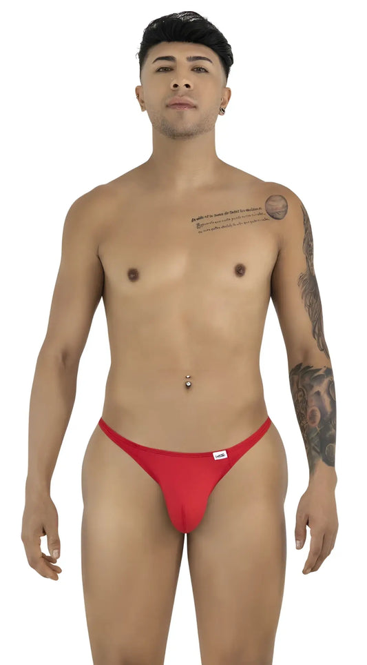 Red CandyMan 99930 thong with a small white brand tag on the waistband shown from the back side