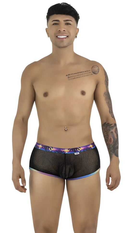 Black mesh briefs CandyMan 99934 trunks with vibrant purple and blue tropical print waistband