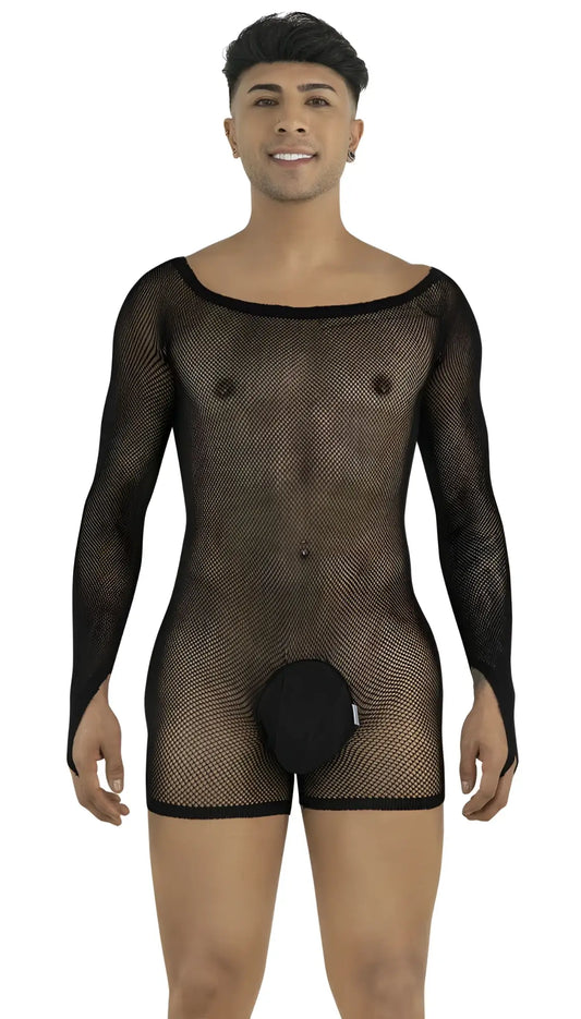 Black long-sleeve fishnet bodysuit with an open-back style and a solid black pouch.