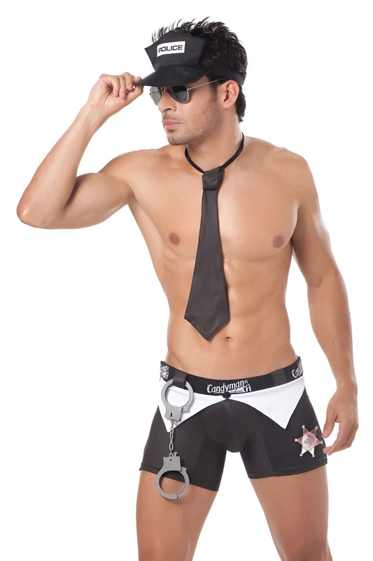 Black and white police-themed costume shorts with silver handcuff accessory from candyman costume sultry commander outfit 9555 size m