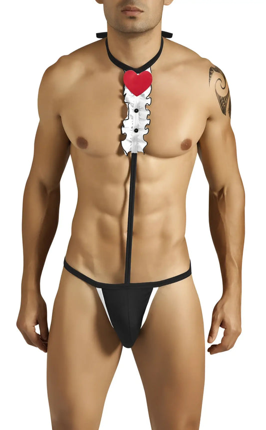 Candyman tuxedo outfit costume black and white with a red heart shaped pendant size large for novelty wear